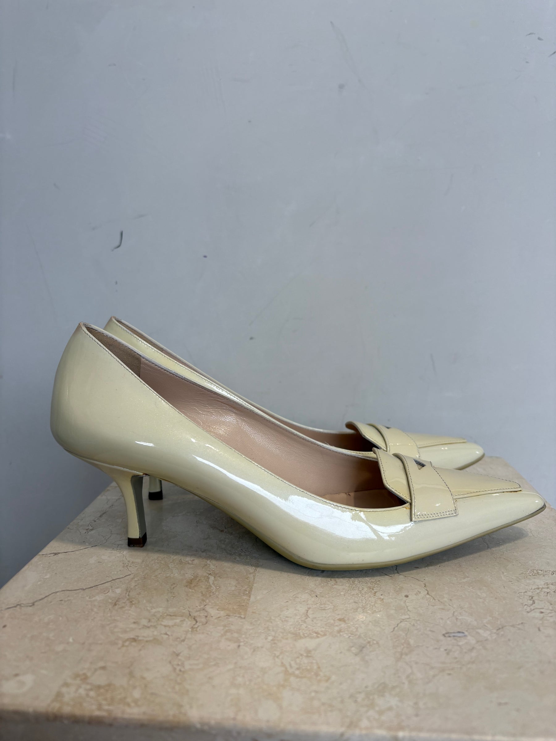 Prada Cream Patent Pointed Loafer Pump, 38