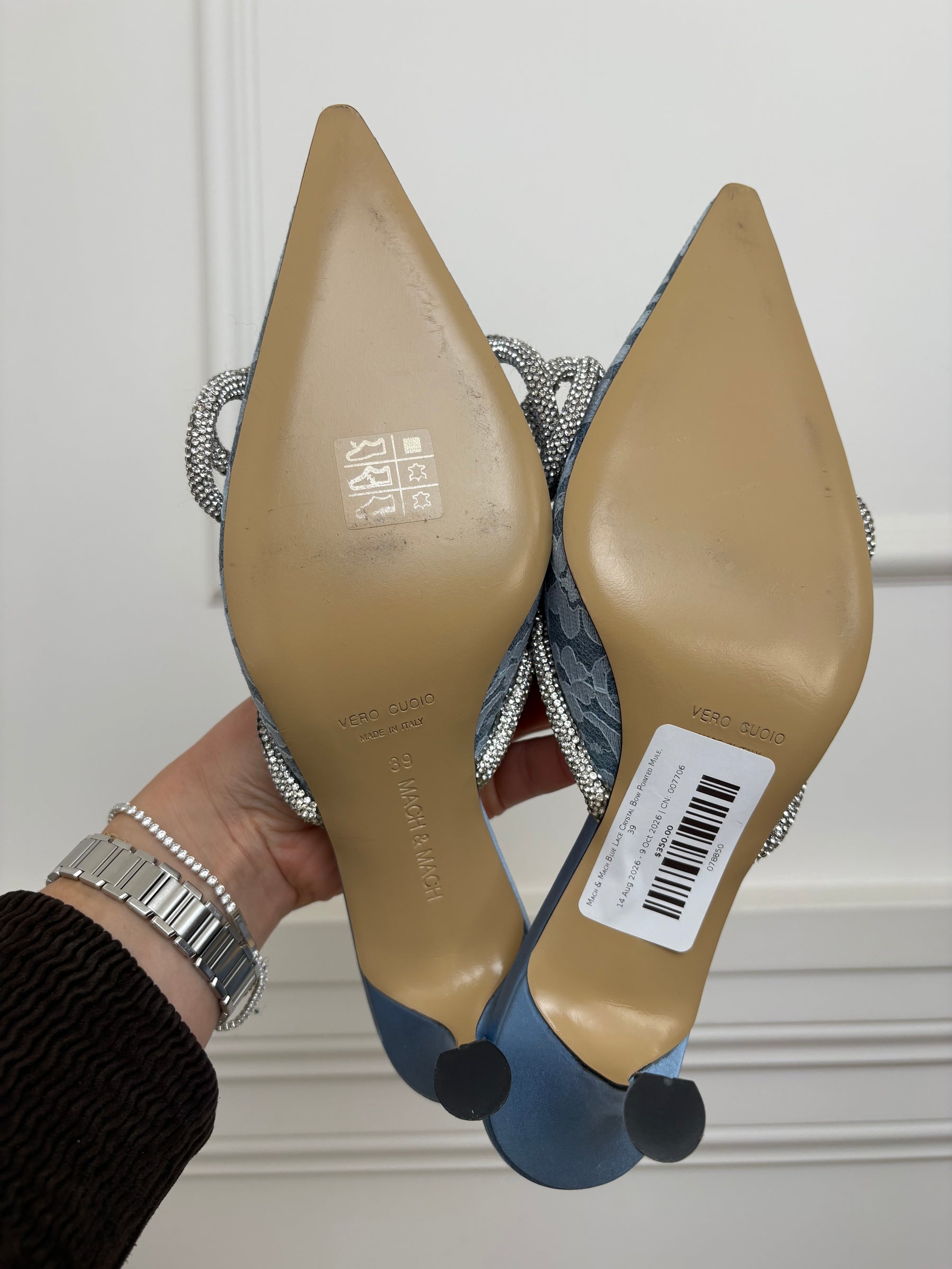 Mach & Mach Blue Lace Crystal Bow Pointed Mule, 39