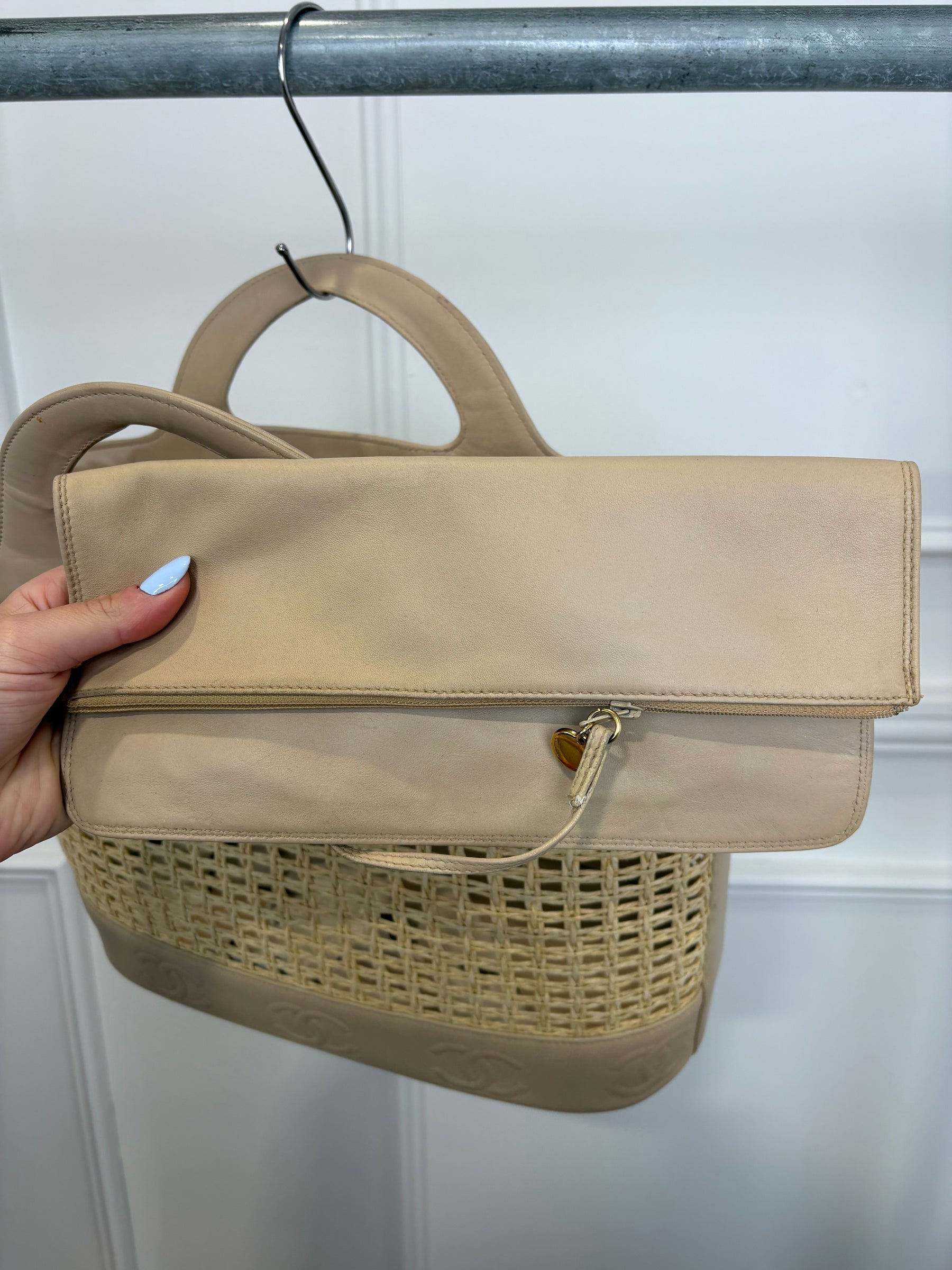 Chanel Beige Leather Raffia Logo Tote Bag
