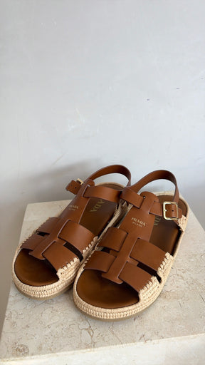 Prada Leather And Raffia Sandals Tan, 38