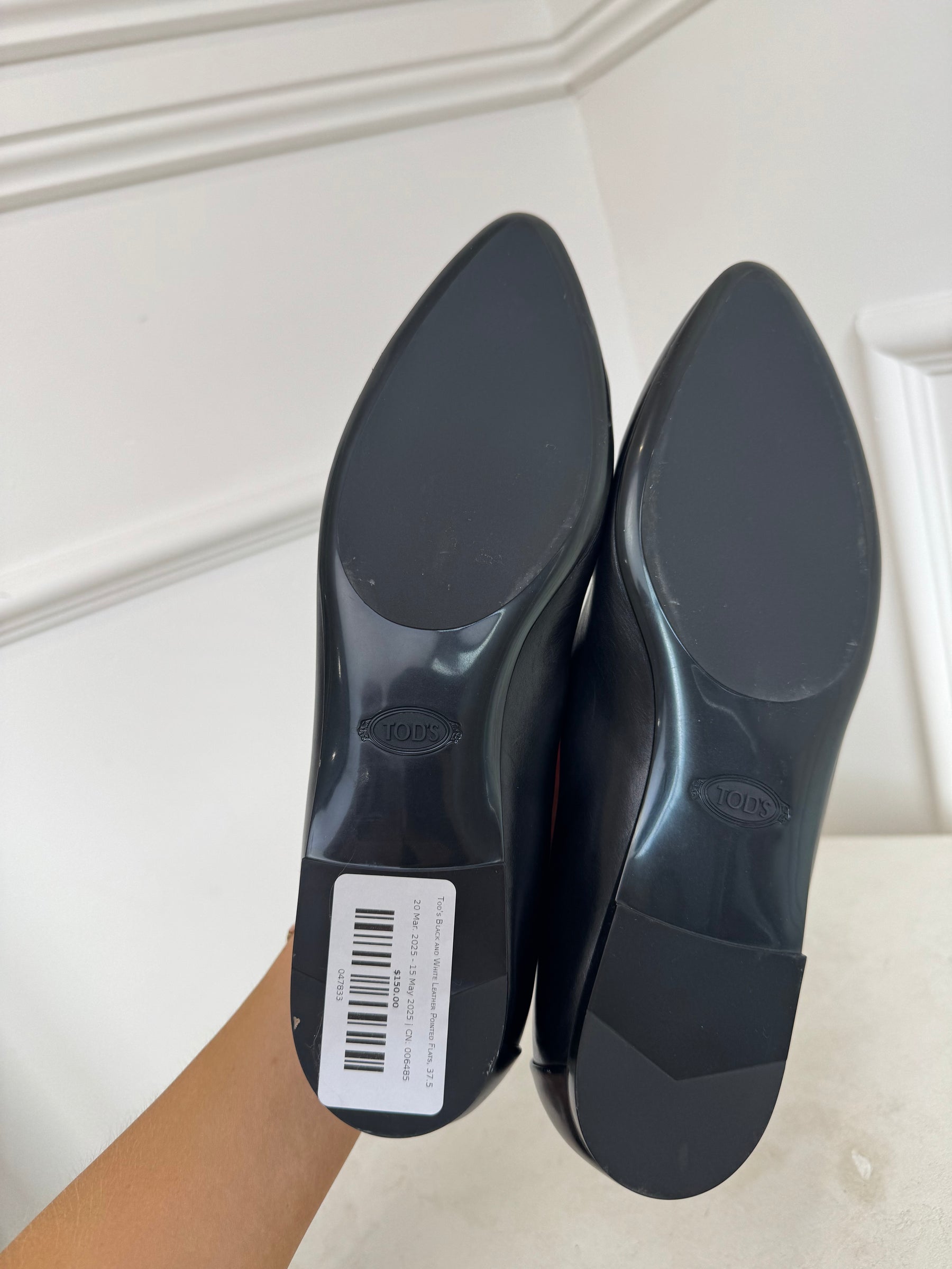 Tod's Black and White Leather Pointed Flats, 37.5