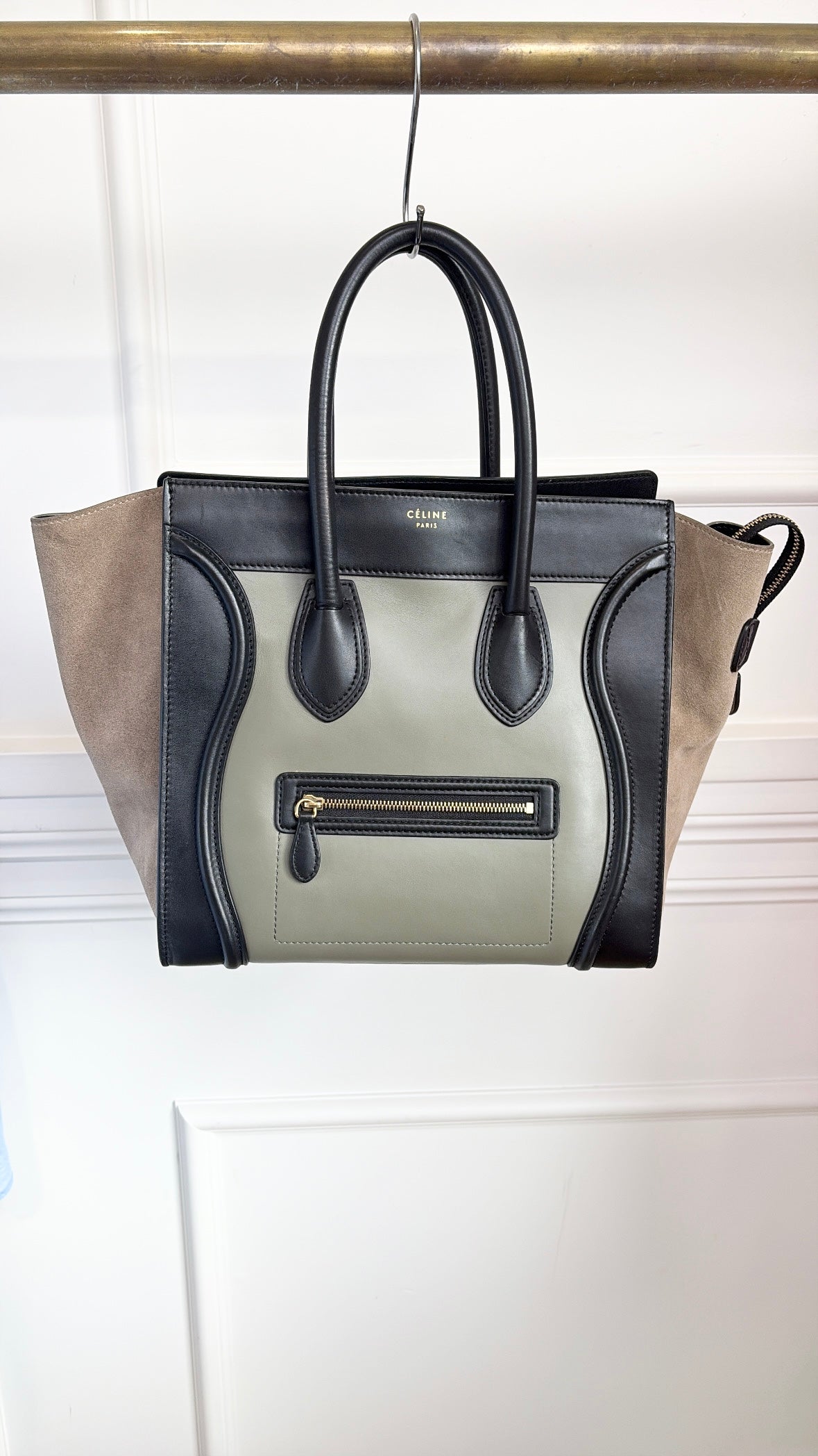 Celine Khaki Black and Taupe Leather and Suede Luggage