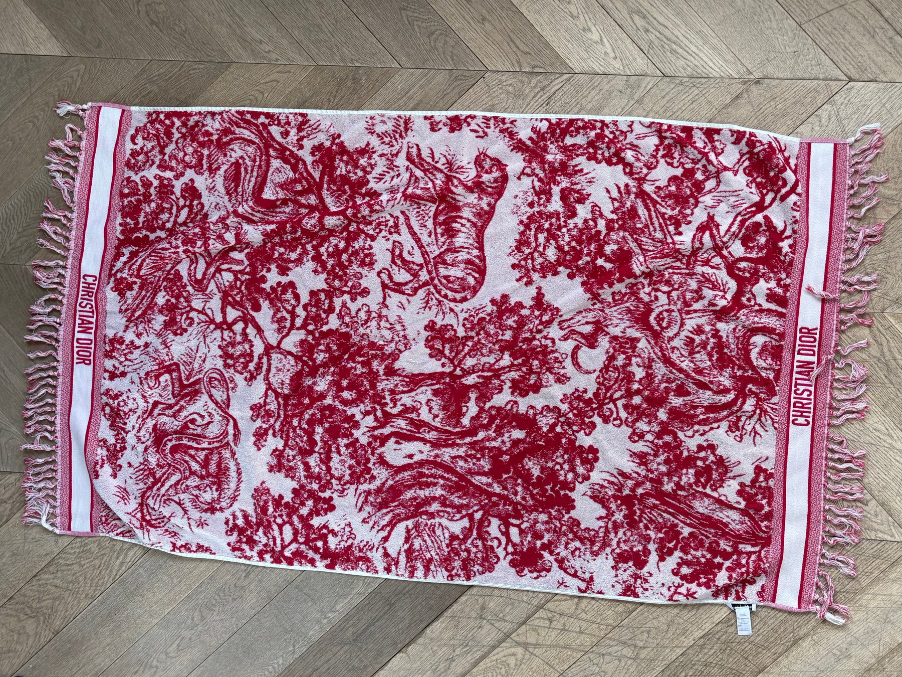 Dior Red Toile De Juoy Raffia Tote and Beach Towel SET