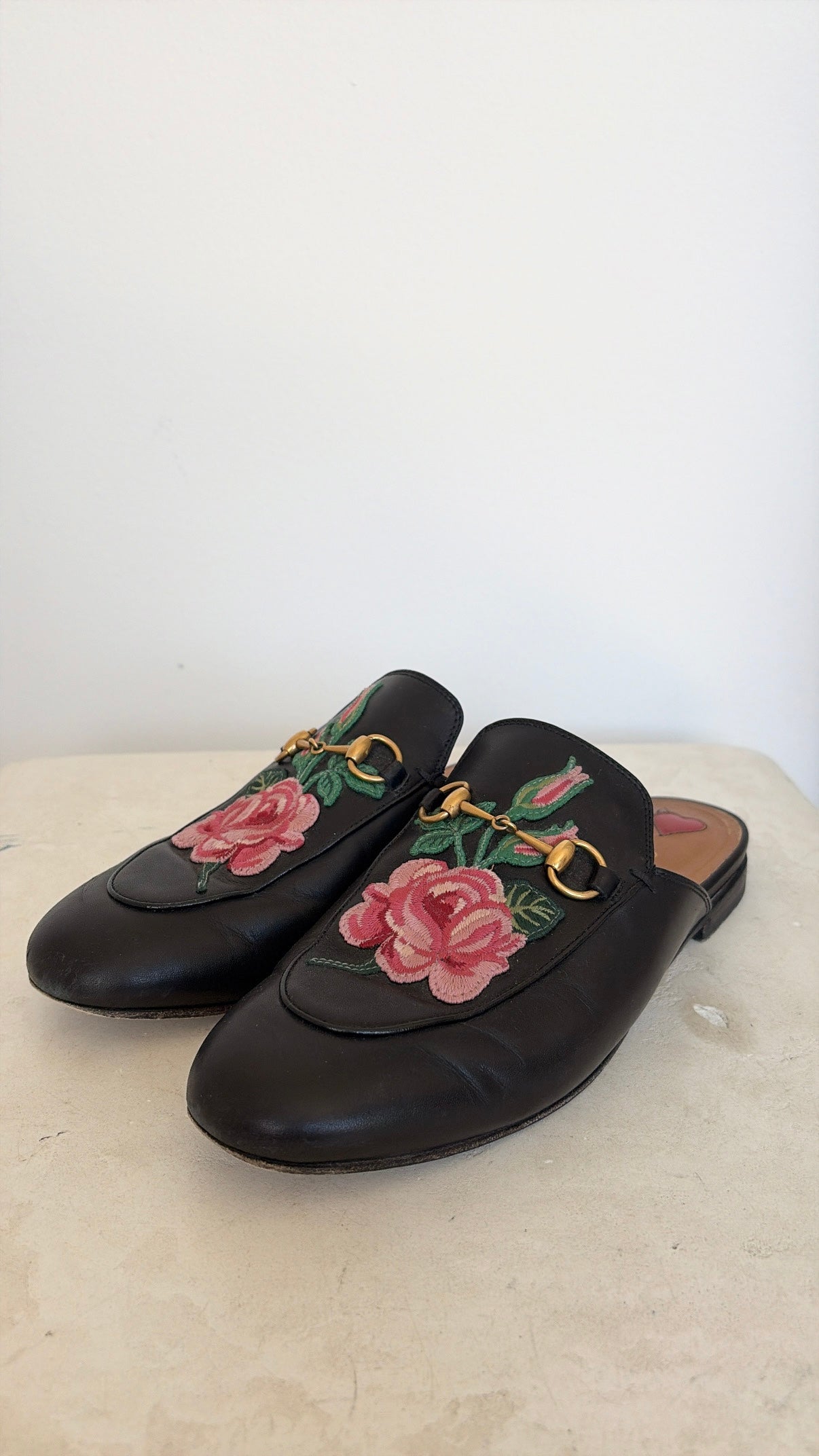 Gucci Embroidered Princetown Mules Black And Pink, 38.5
