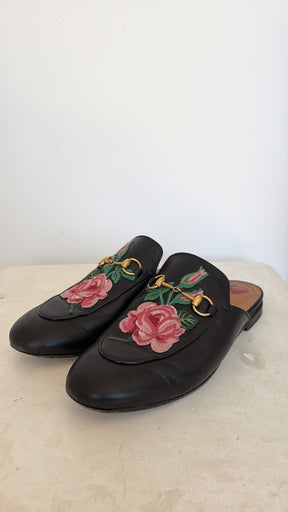 Gucci Embroidered Princetown Mules Black And Pink, 38.5
