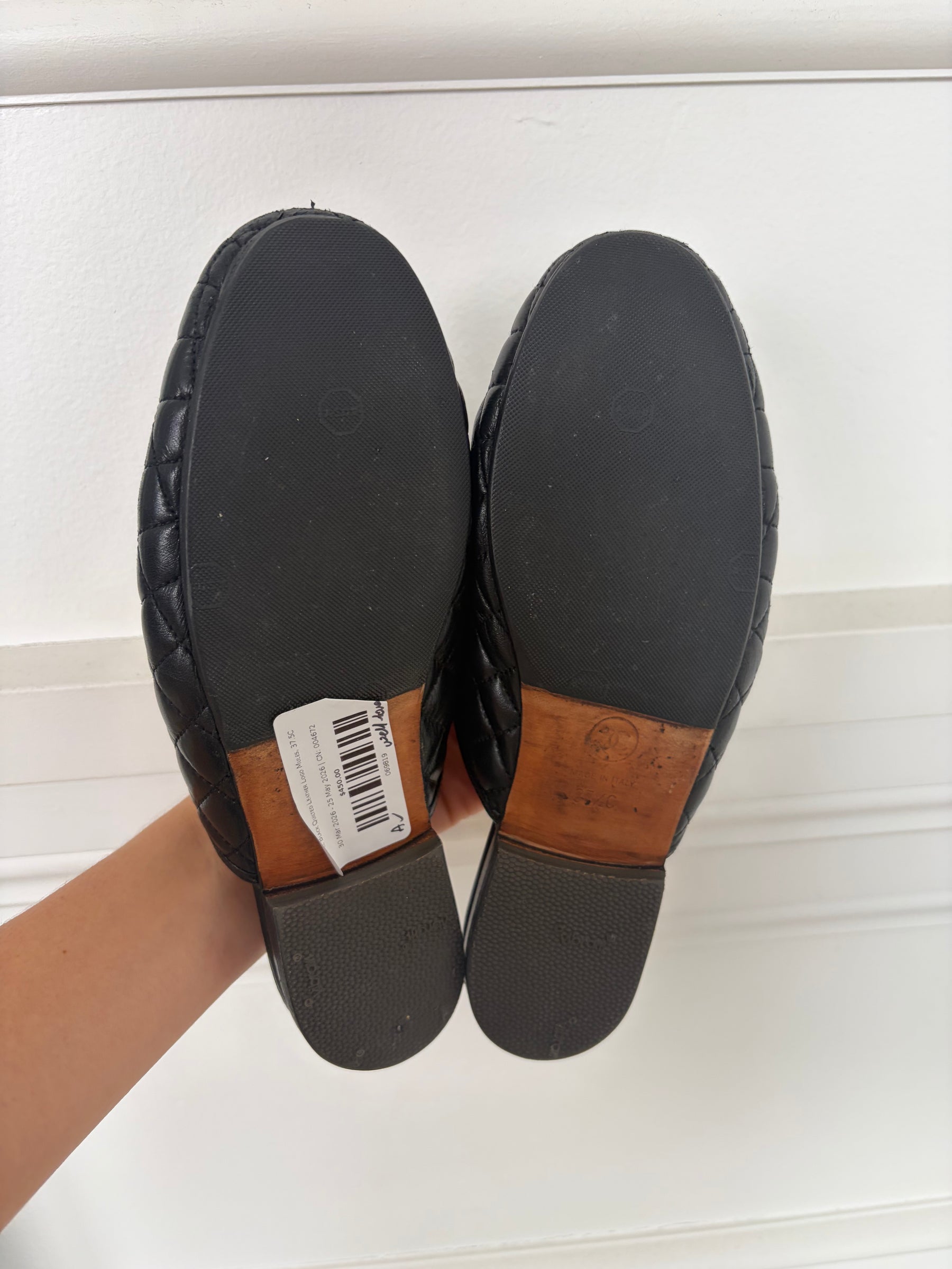 Chanel Black Quilted Leather Logo Mules, 37.5C