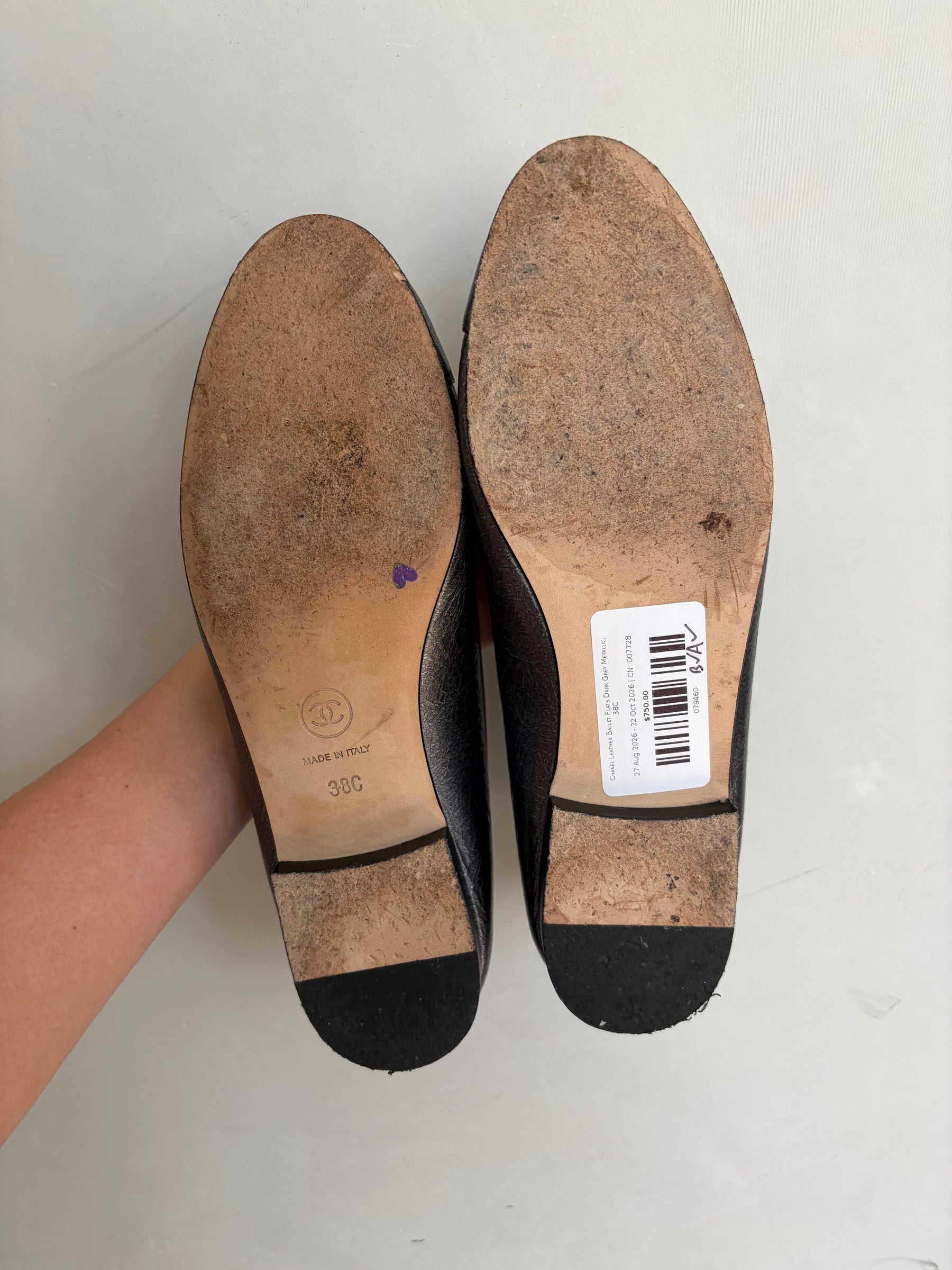 Chanel Leather Ballet Flats Dark Grey Metallic, 38C