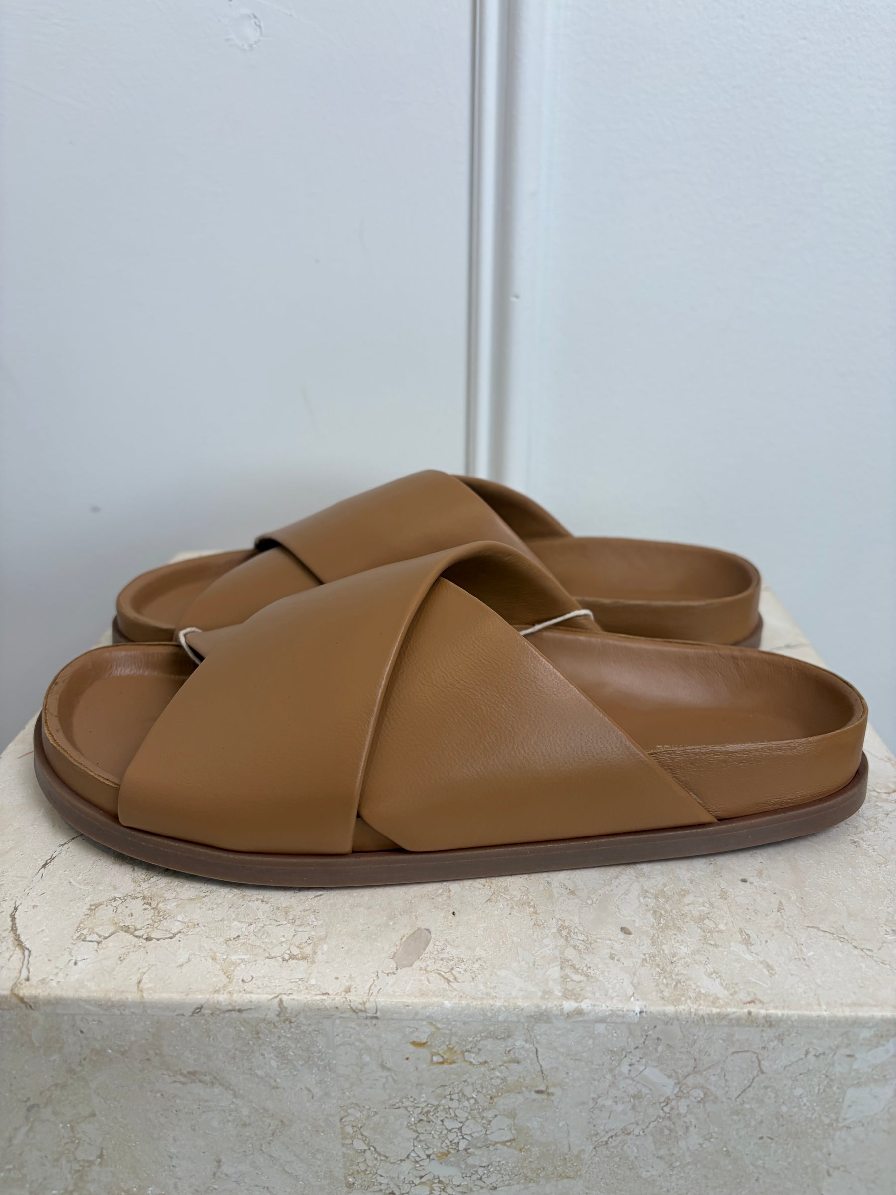 Mansur Gavriel Tan Leather Cross Over Slides, 38