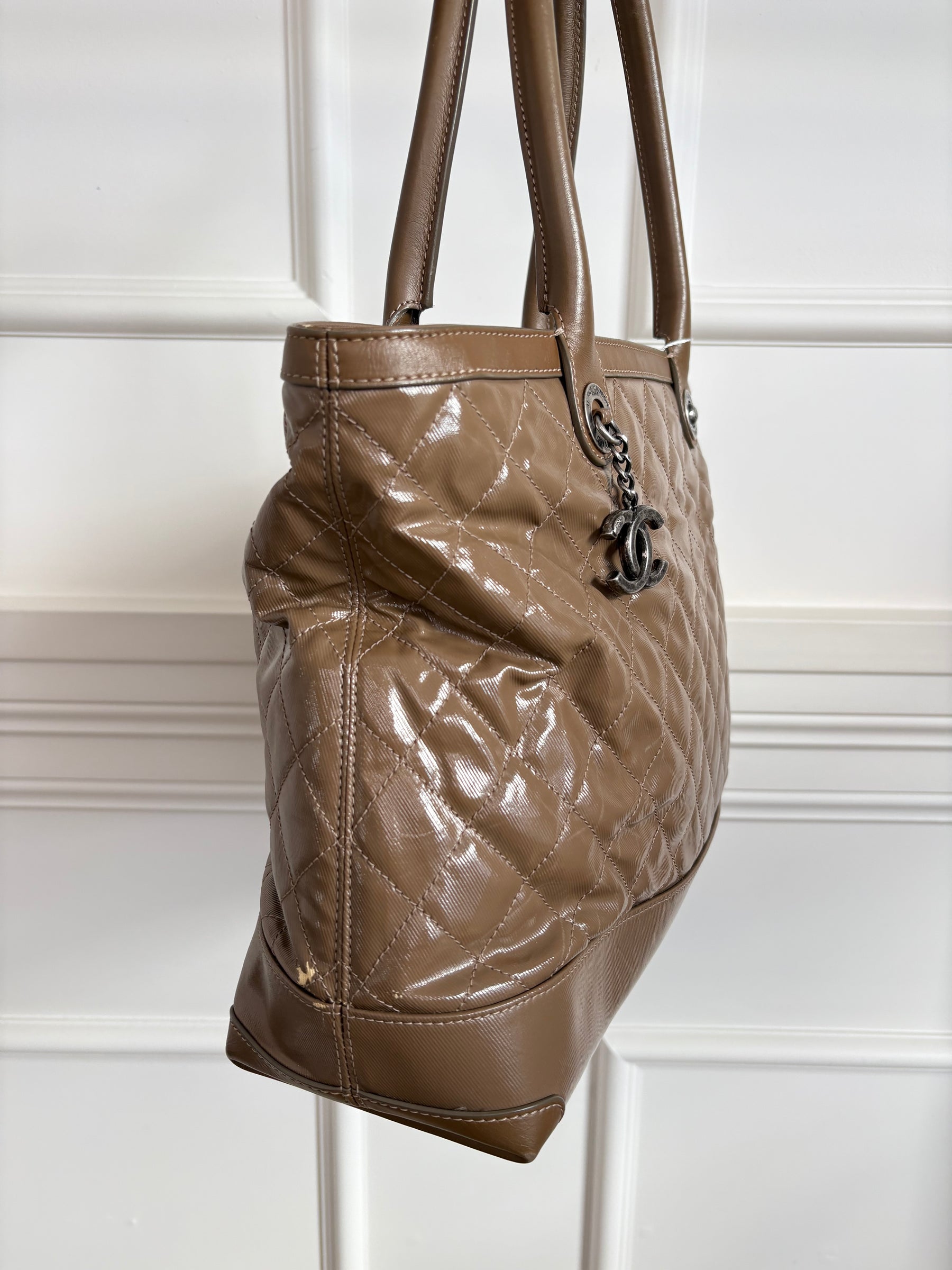 Chanel Taupe Quilted Coated Canvas Shoulder Tote