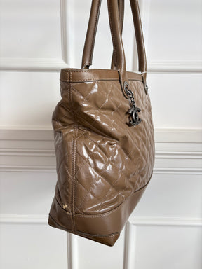 Chanel Taupe Quilted Coated Canvas Shoulder Tote