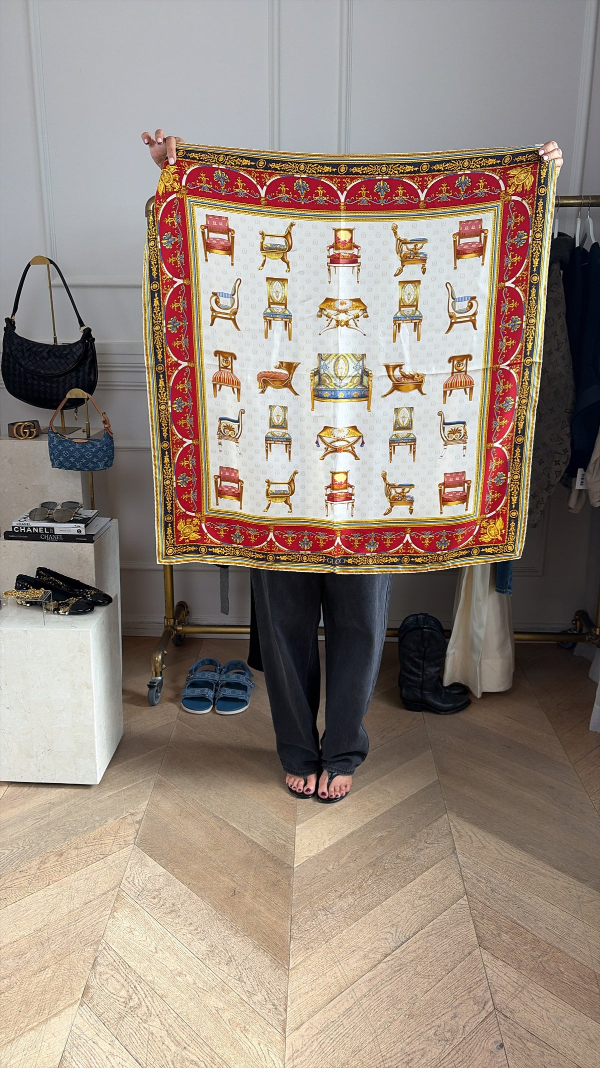 Gucci Red, Cream and Gold Chair Printed Silk Scarf 90