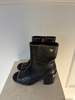 Chanel Black Leather Gold Chain Boots, 36 C