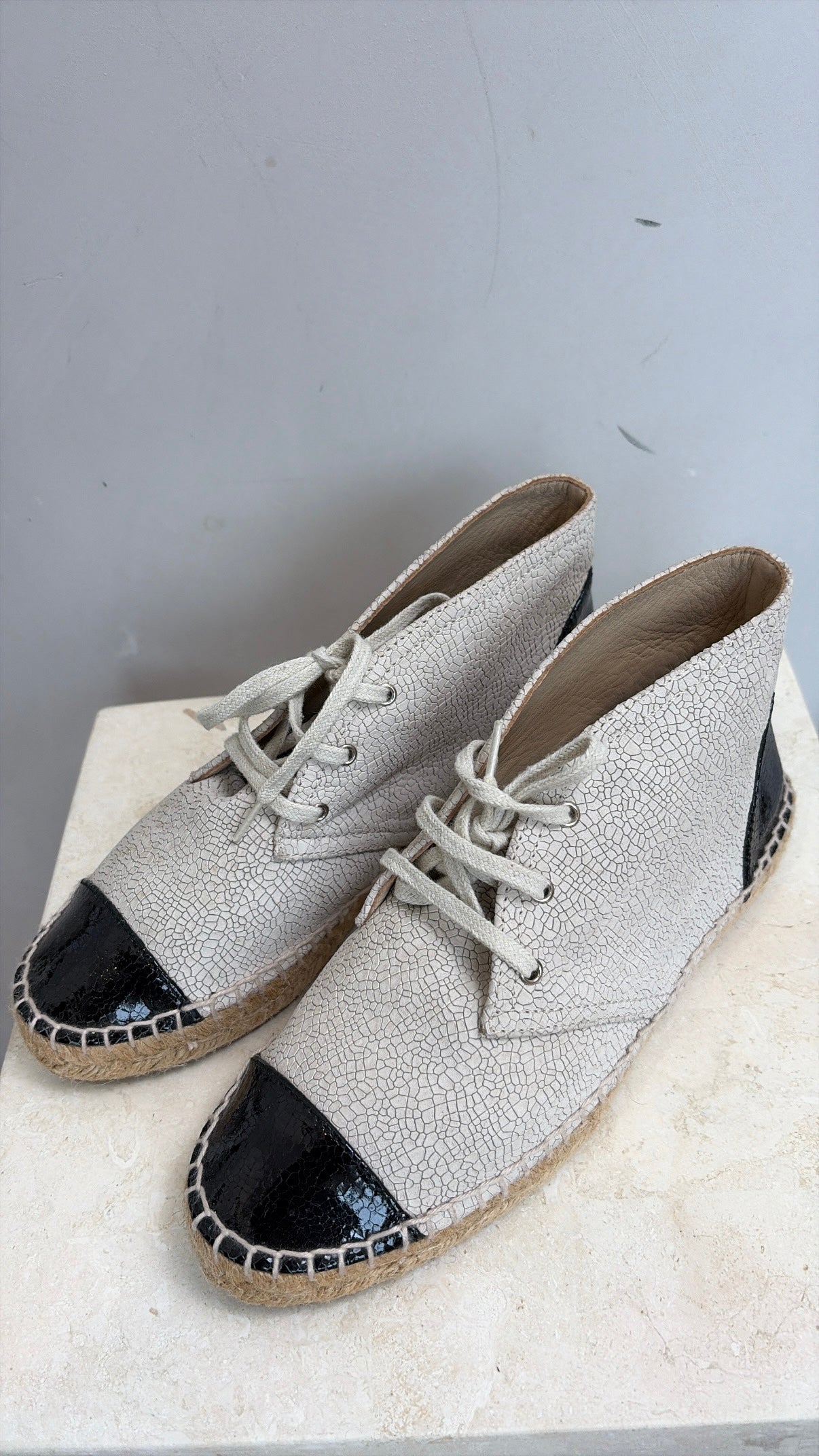 Chanel Ecru Crinkled Lace Up Espadrilles, 37