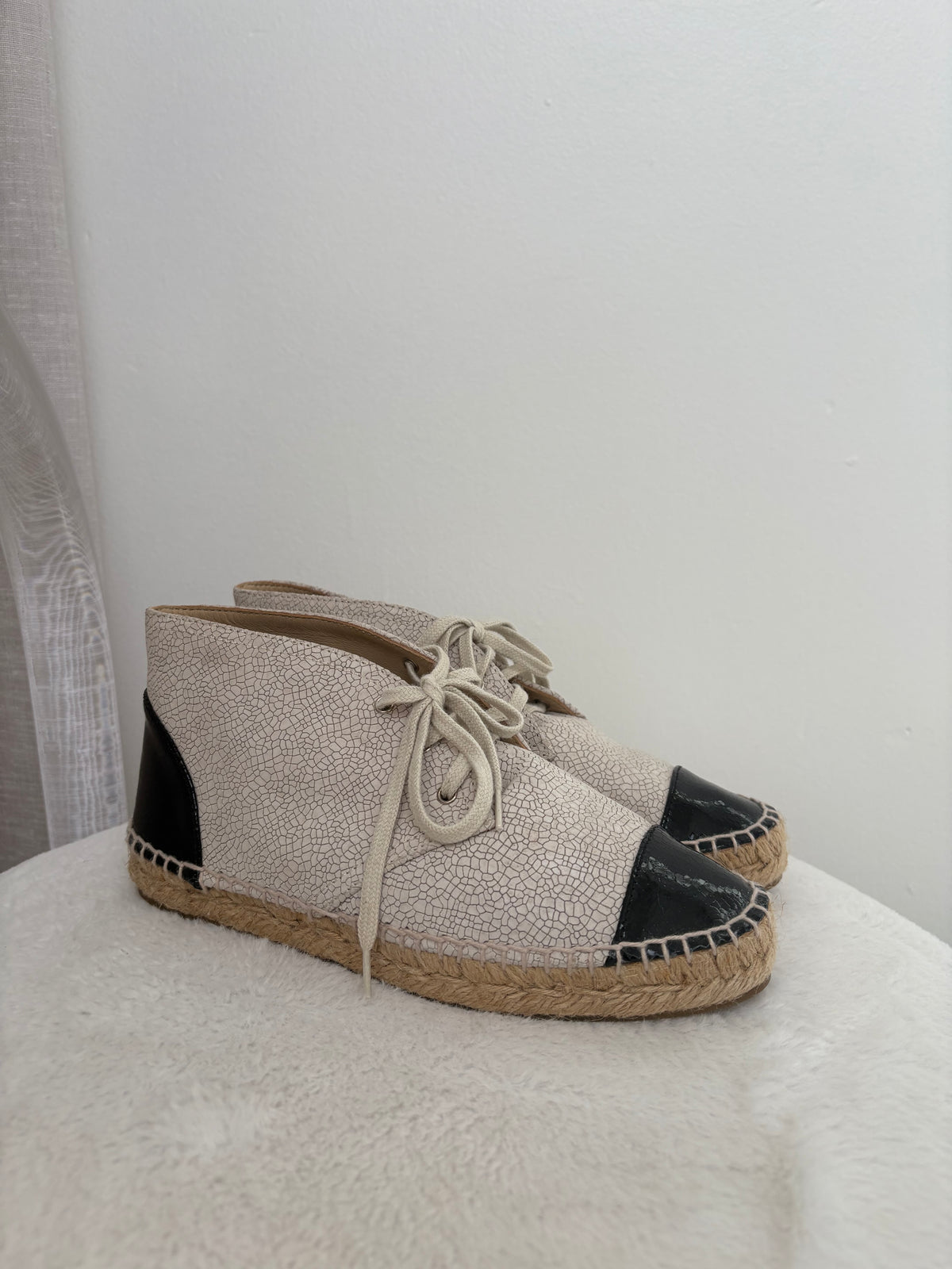 Chanel Ecru Lace Up Espedrilles With Pantent Toes, 37