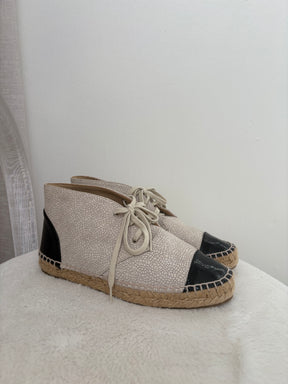 Chanel Ecru Lace Up Espedrilles With Pantent Toes, 37