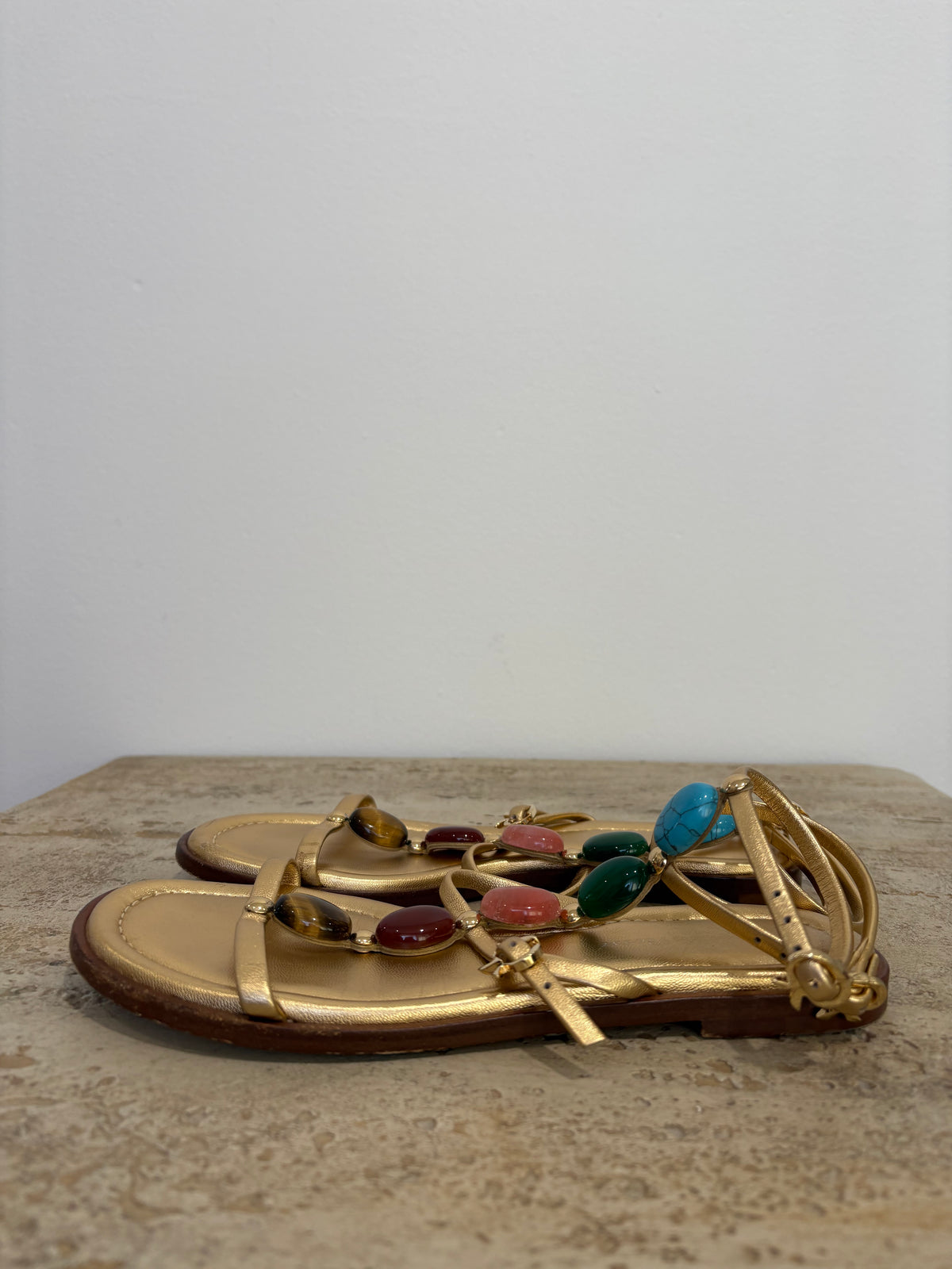 Gianvito Rossi Gold Leather Stone Embellished 'Shanti' Sandals, 35.5