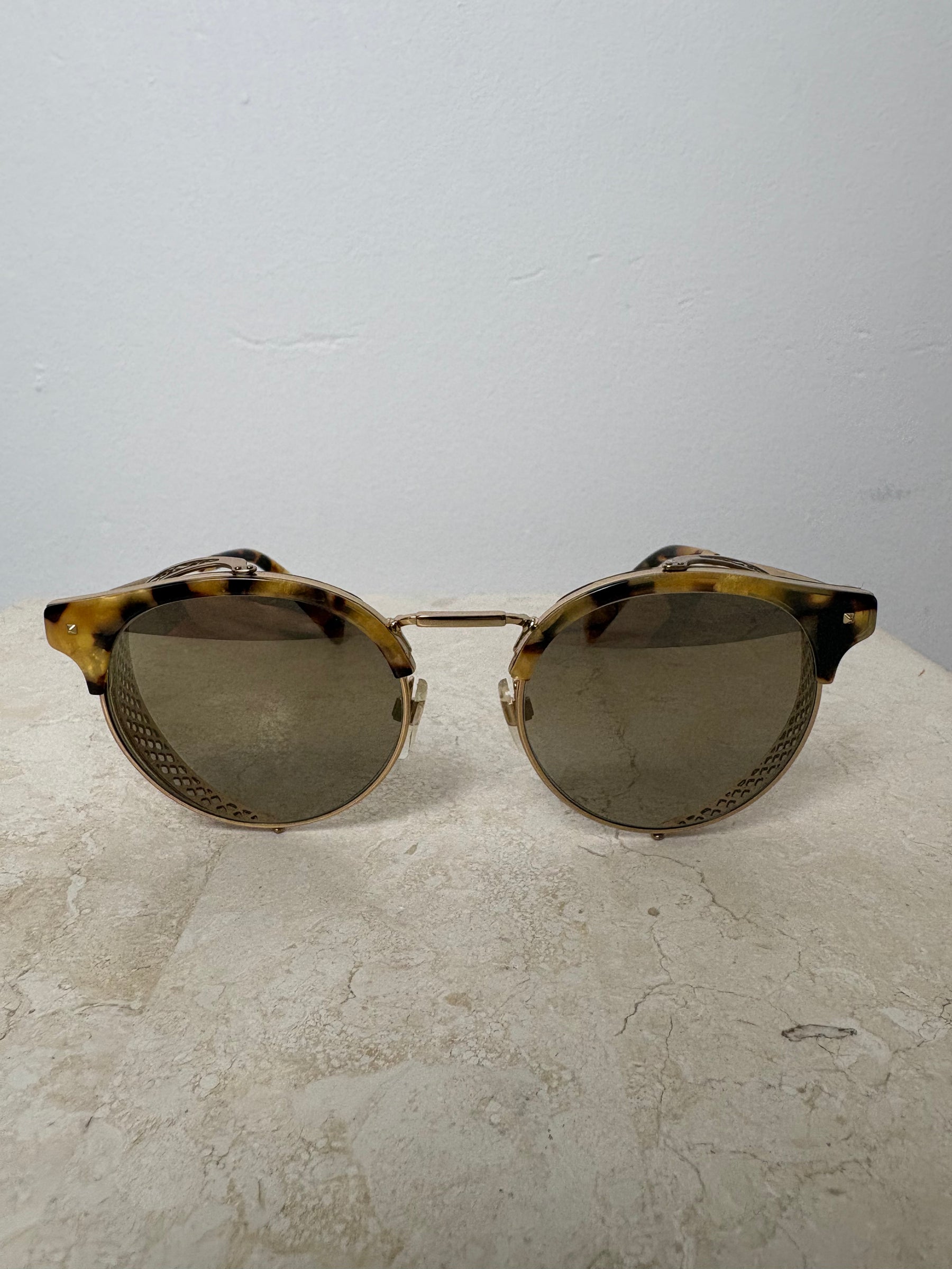Valentino Gold Tone and Tortoiseshell Round Sunglasses