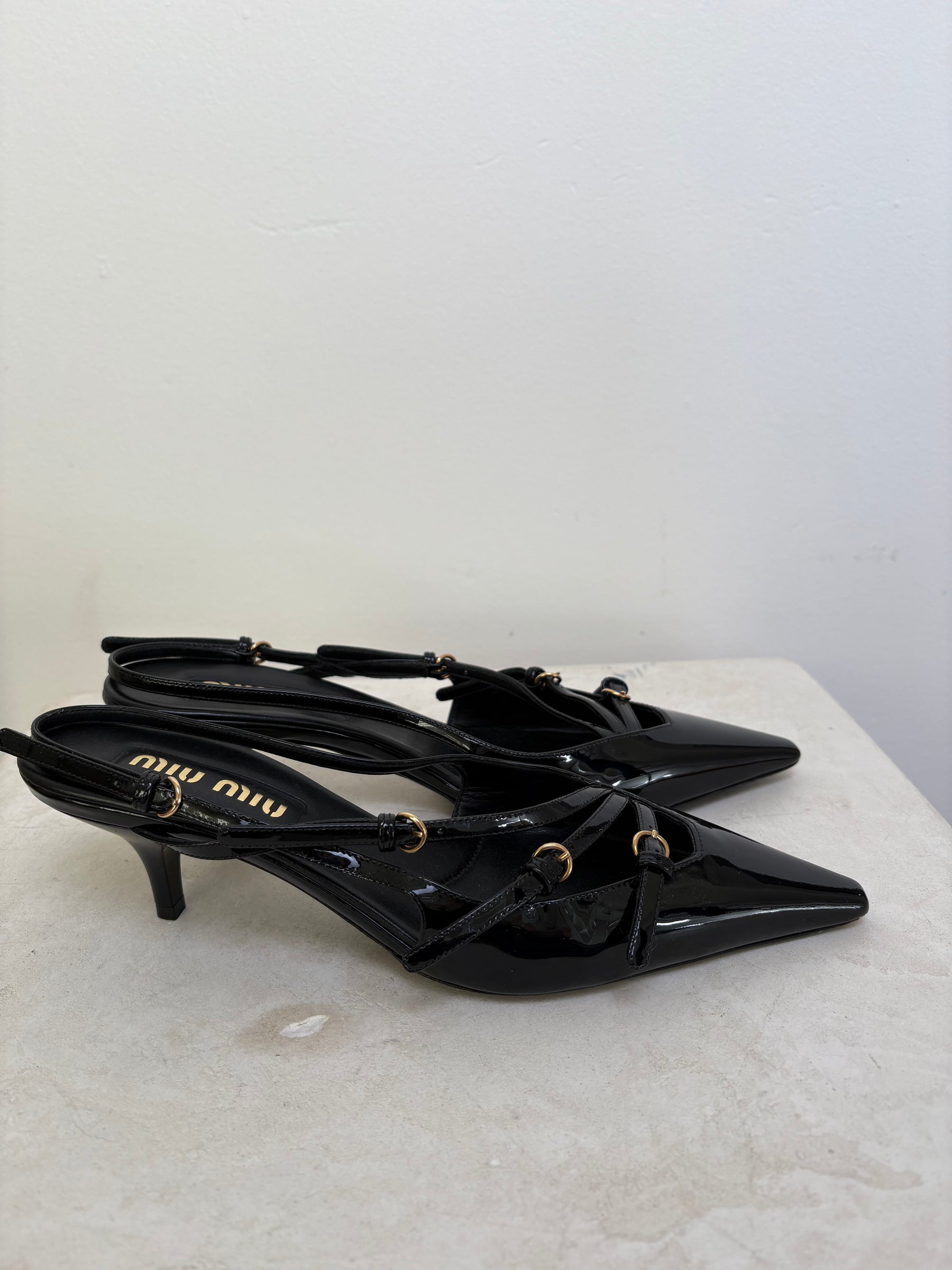 Miu Miu Black Patent Leather Singback Heels With Buckles 7cm, 38