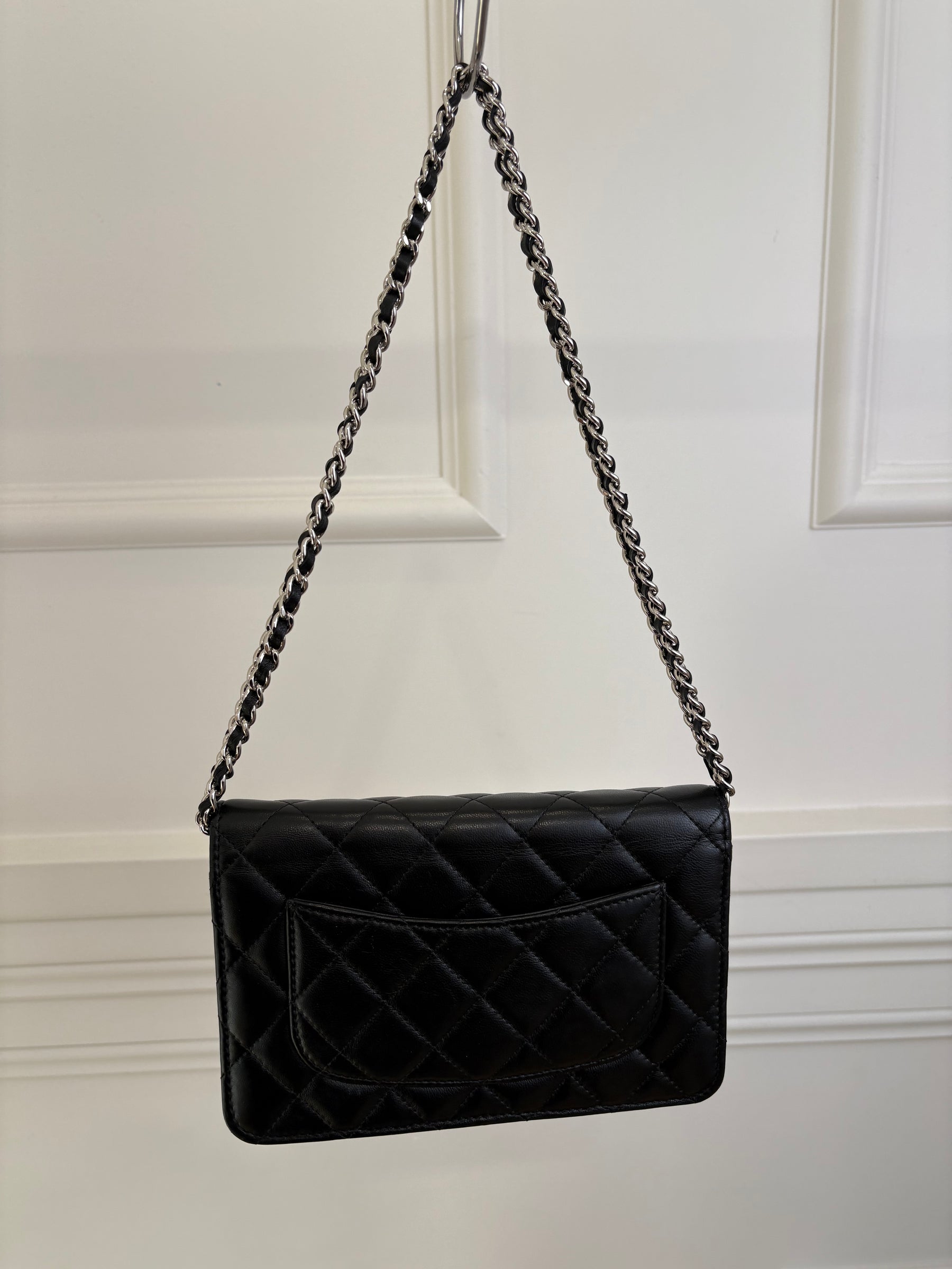 Chanel Black Quilted Wallet On Chain Silver Hardware