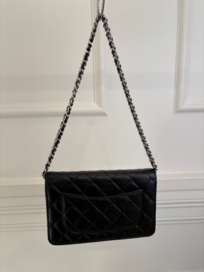 Chanel Black Quilted Wallet On Chain Silver Hardware