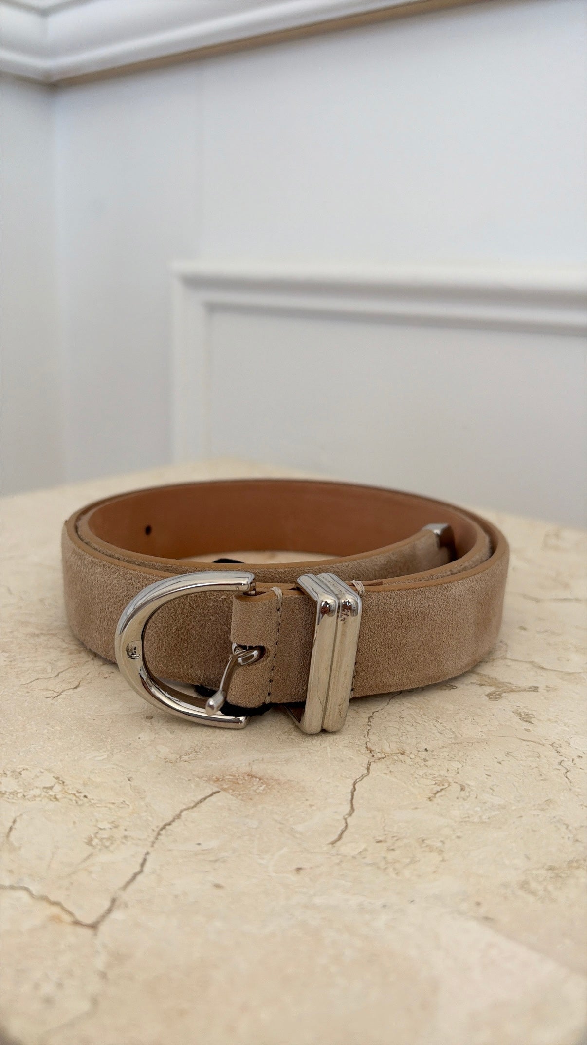 KHAITE Beige Suede Belt with Silver Buckle, 70