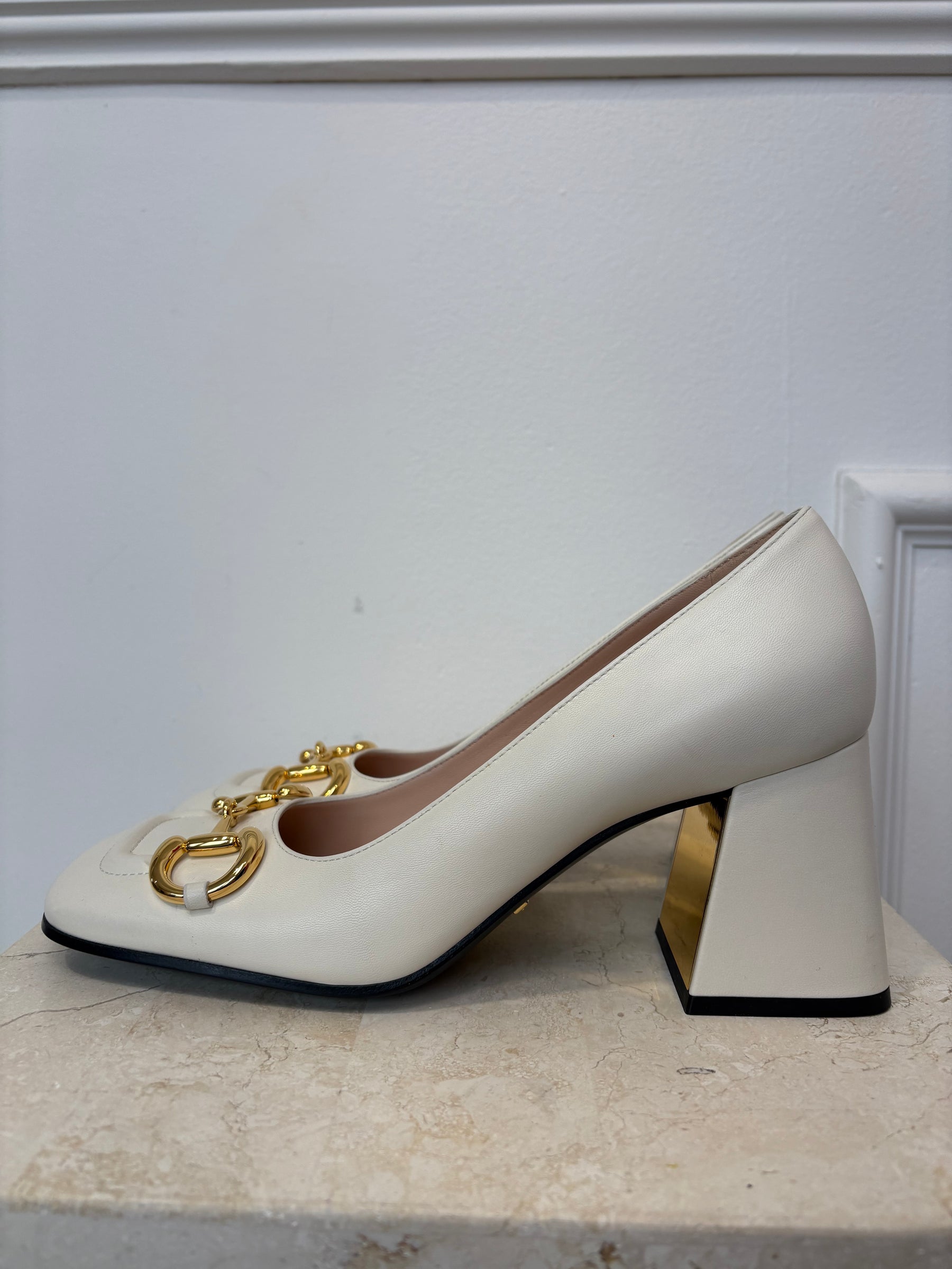 Gucci Cream Leather Horsebit Square Toe Pumps, 39