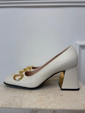 Gucci Cream Leather Horsebit Square Toe Pumps, 39