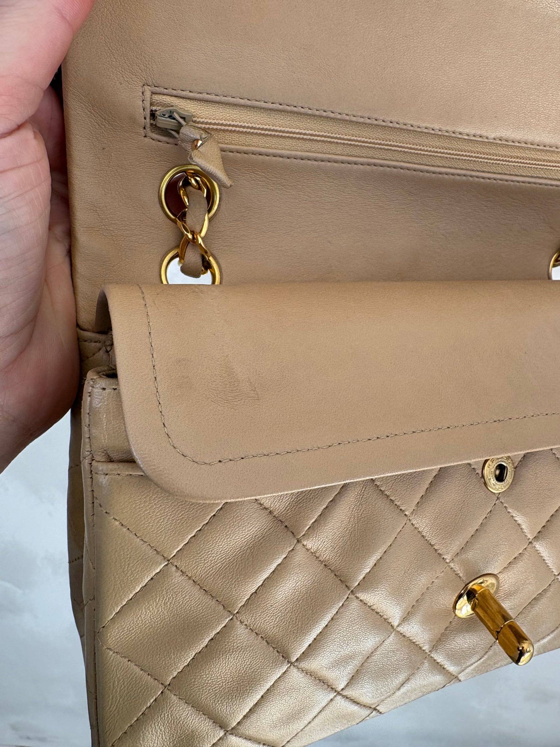 Chanel Small Classic Flap in Beige Lambskin Leather
