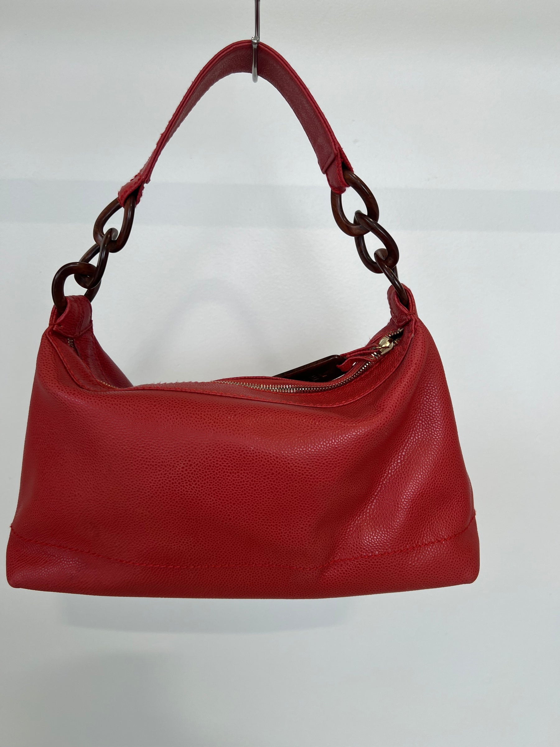 Chanel Red Caviar Leather Wood Detail Shoulder Bag