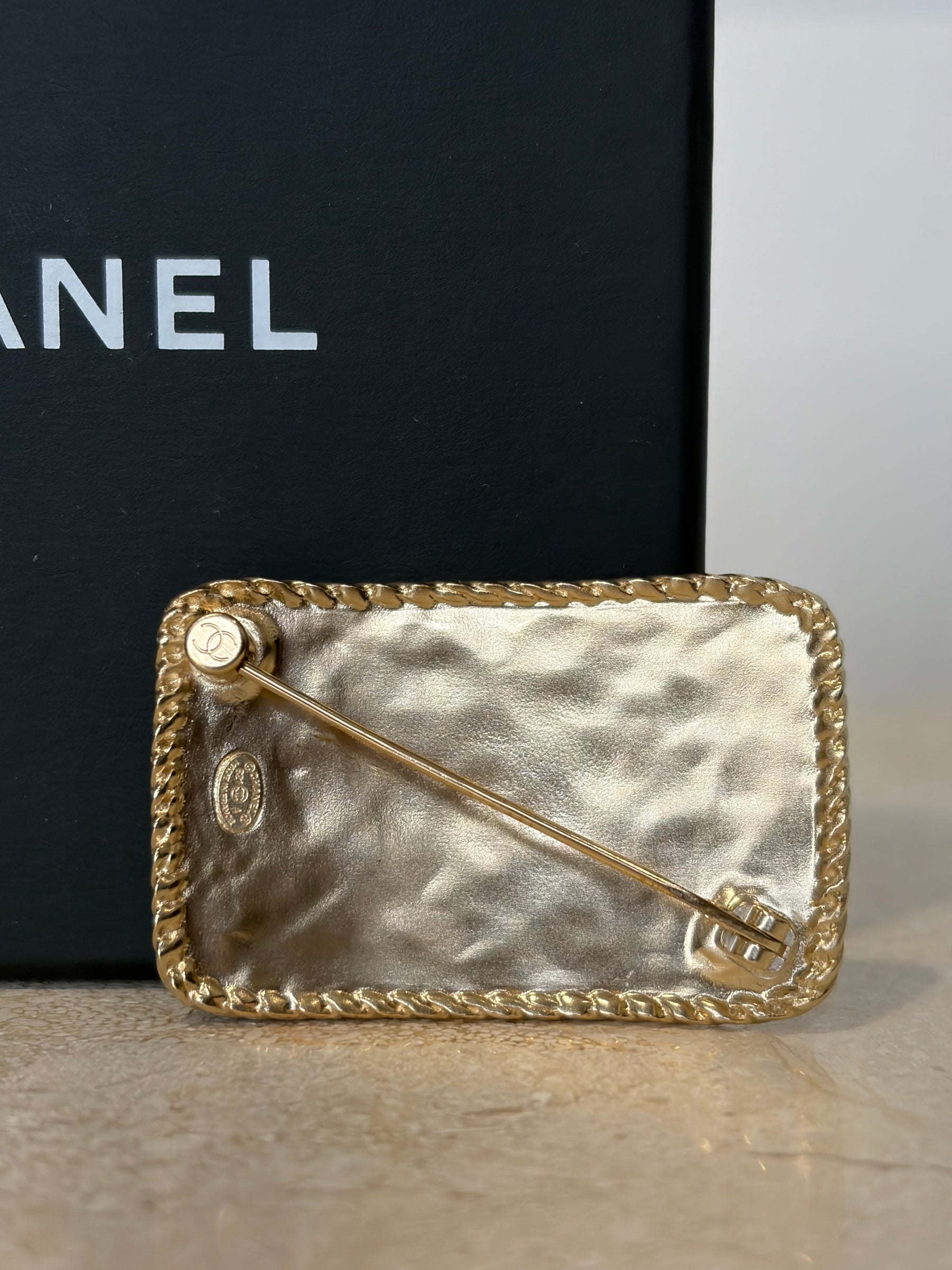 Chanel Gold Tone Logo Rectangular Brooch