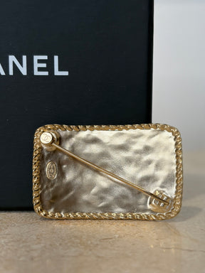 Chanel Gold Tone Logo Rectangular Brooch
