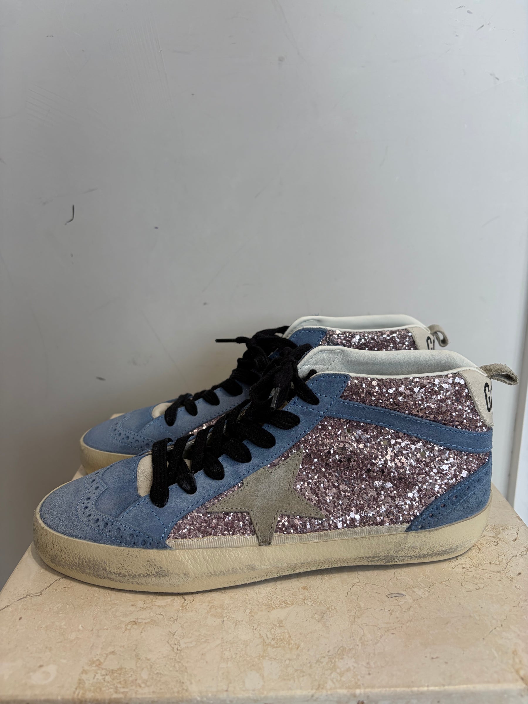 Golden Goose Blue Suede and Purple Glitter Midstar Sneakers, 38