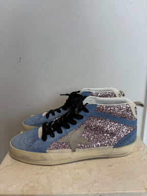 Golden Goose Blue Suede and Purple Glitter Midstar Sneakers, 38
