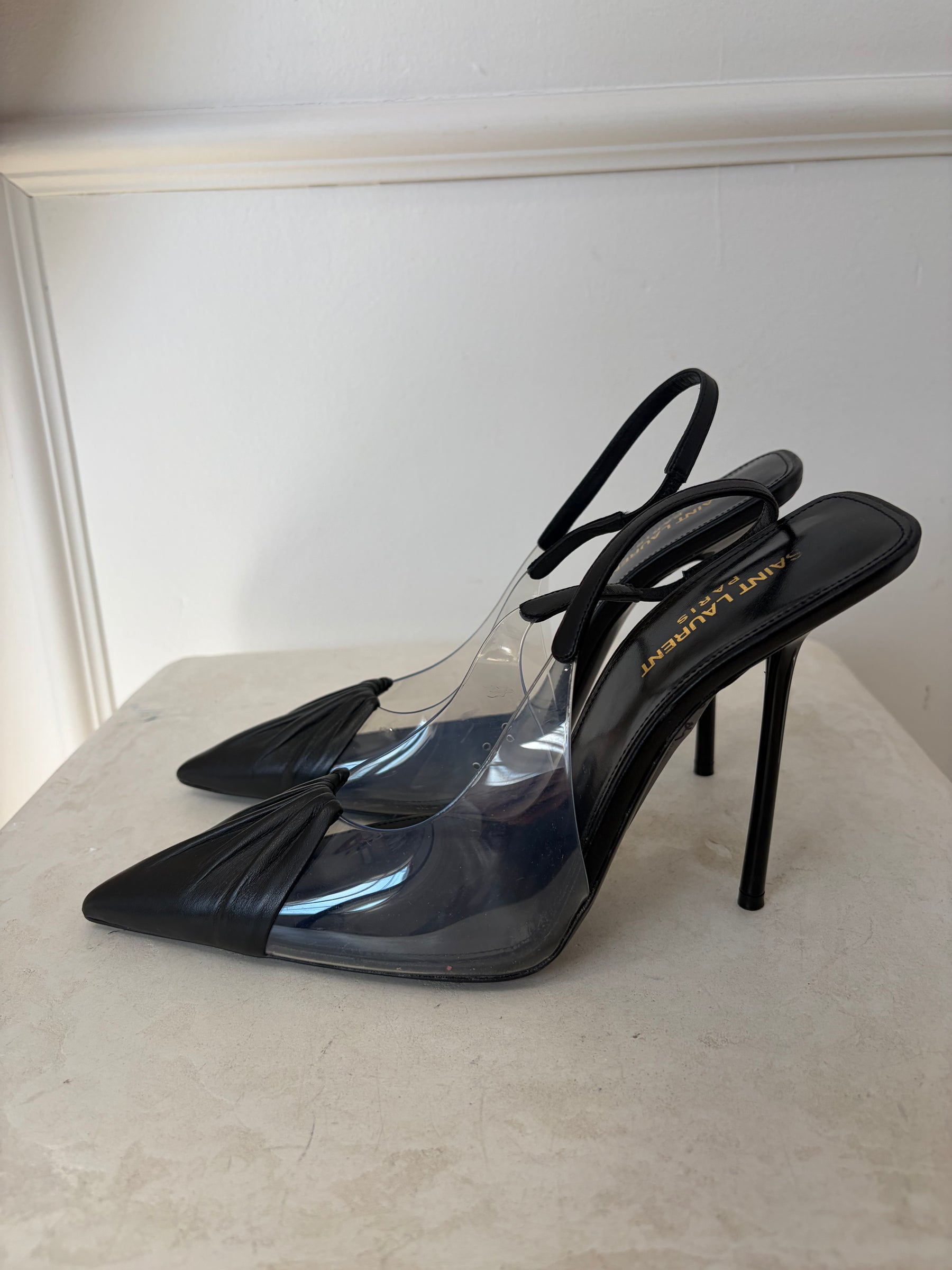 Saint Laurent Black Leather and PVC Slungback Pumps, 40