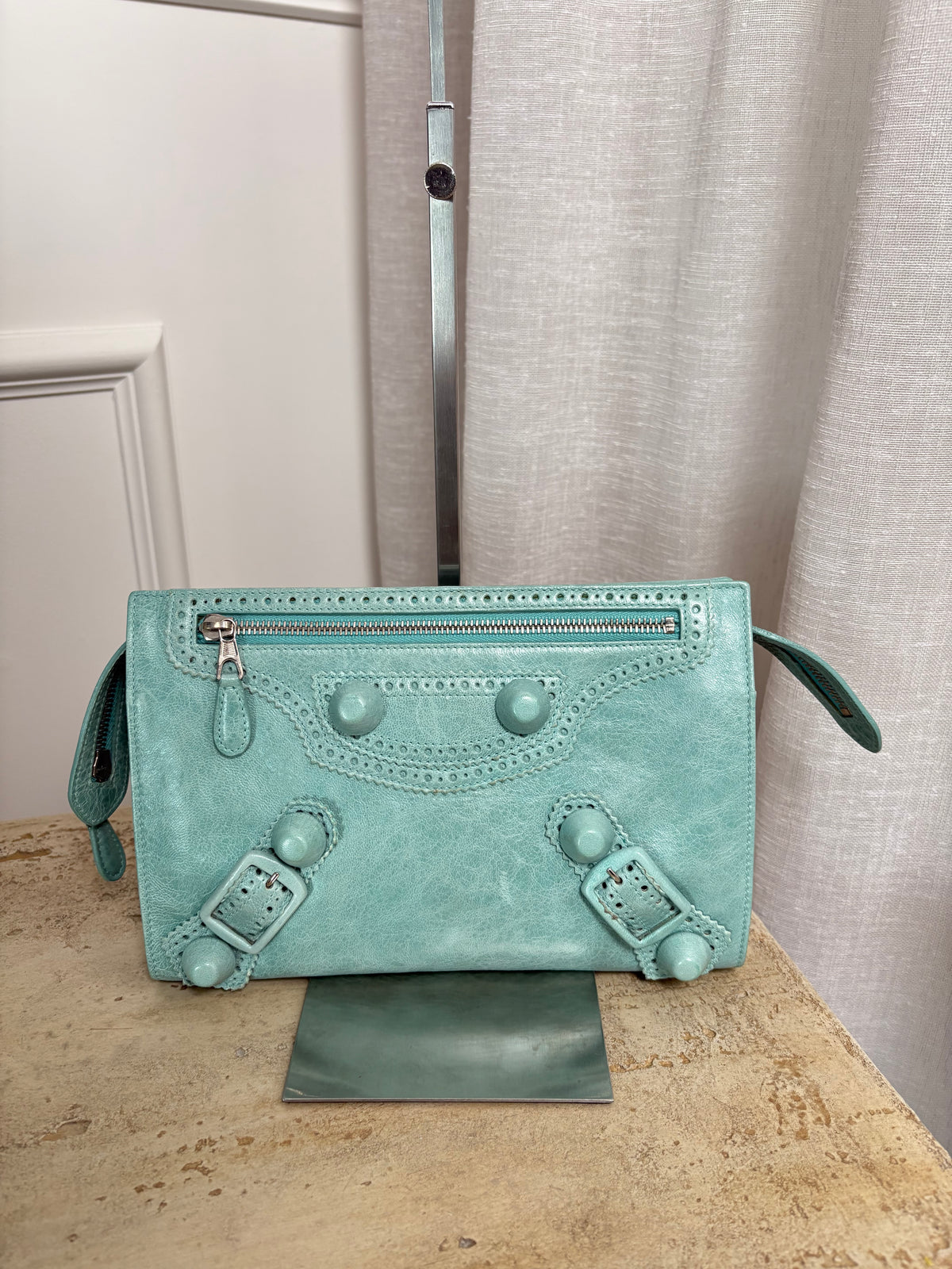 Balenciaga Mint Green Leather City Travel Clutch