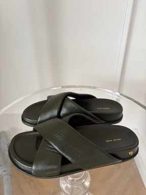 Anine Bing Olive Green Leather Cross Slides, 37