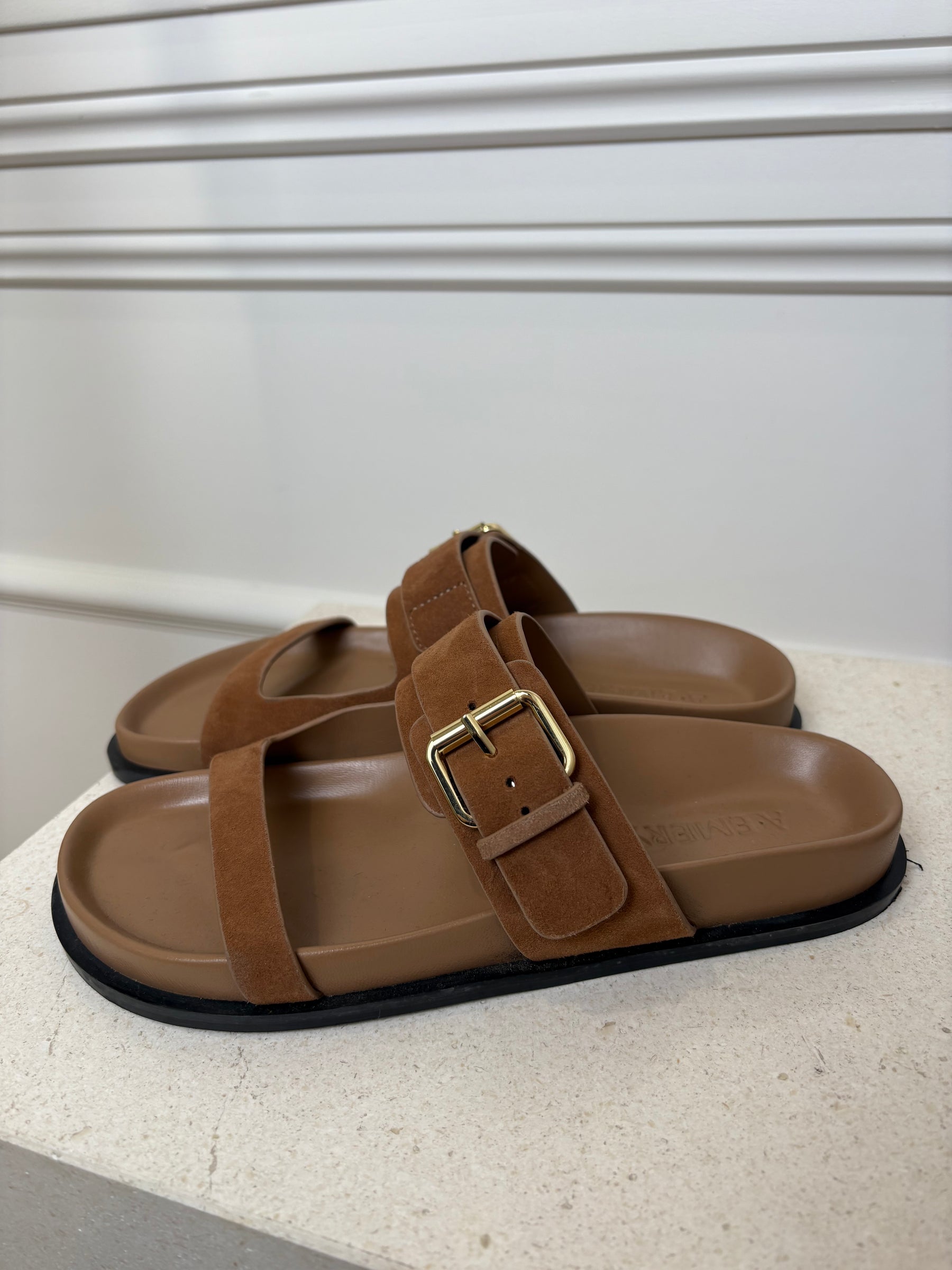 a.emery Tan Suede Slides, 37