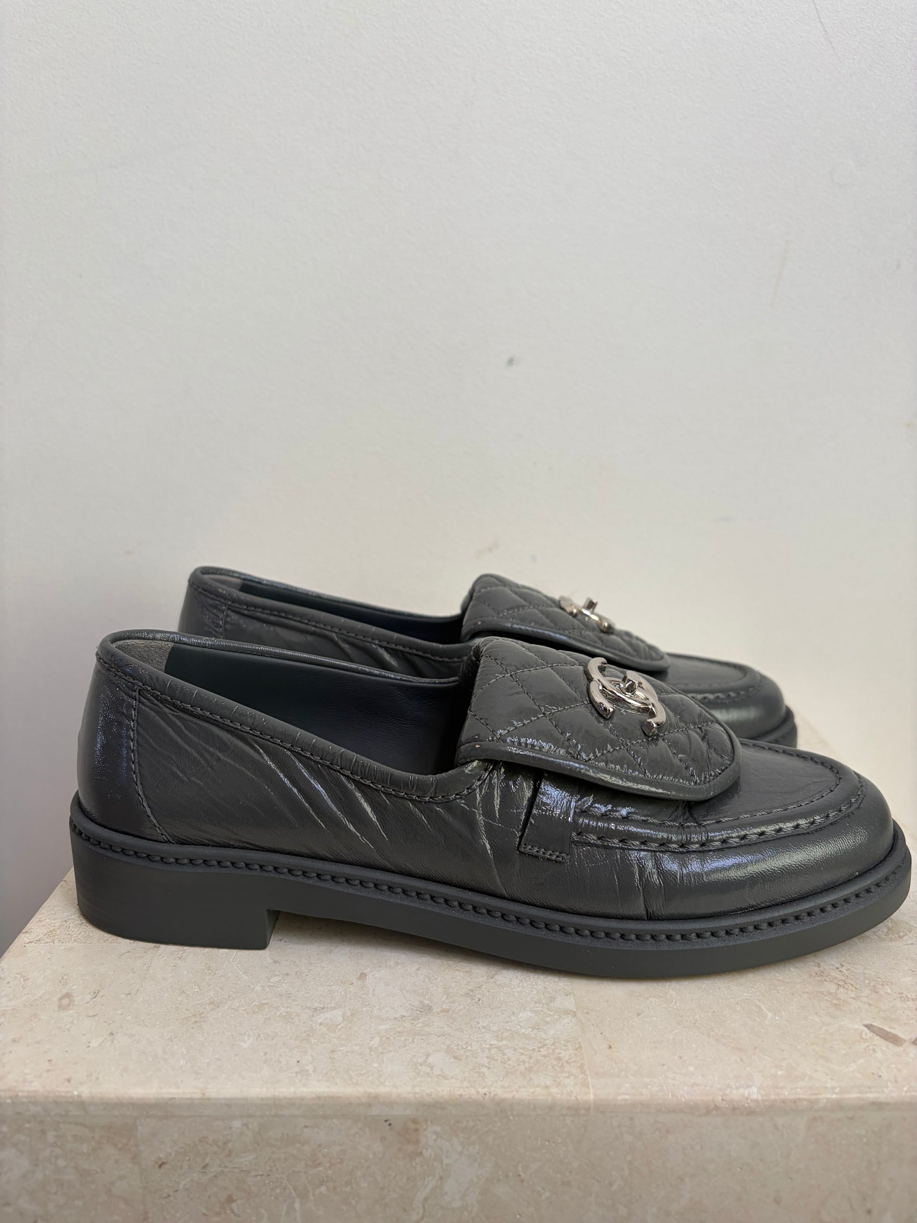 Chanel Grey Patent Leather Turn Lock Loafers, 38.5C
