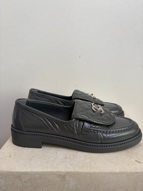 Chanel Grey Patent Leather Turn Lock Loafers, 38.5C