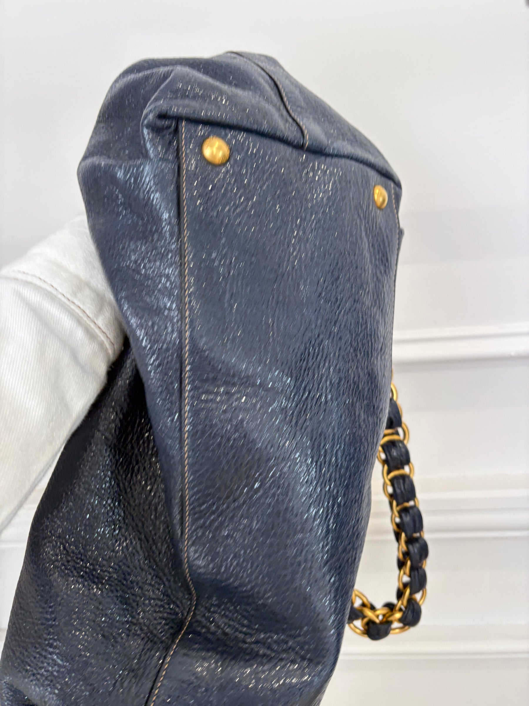 Prada Navy Craquele Cervo Lux Chain Tote Bag