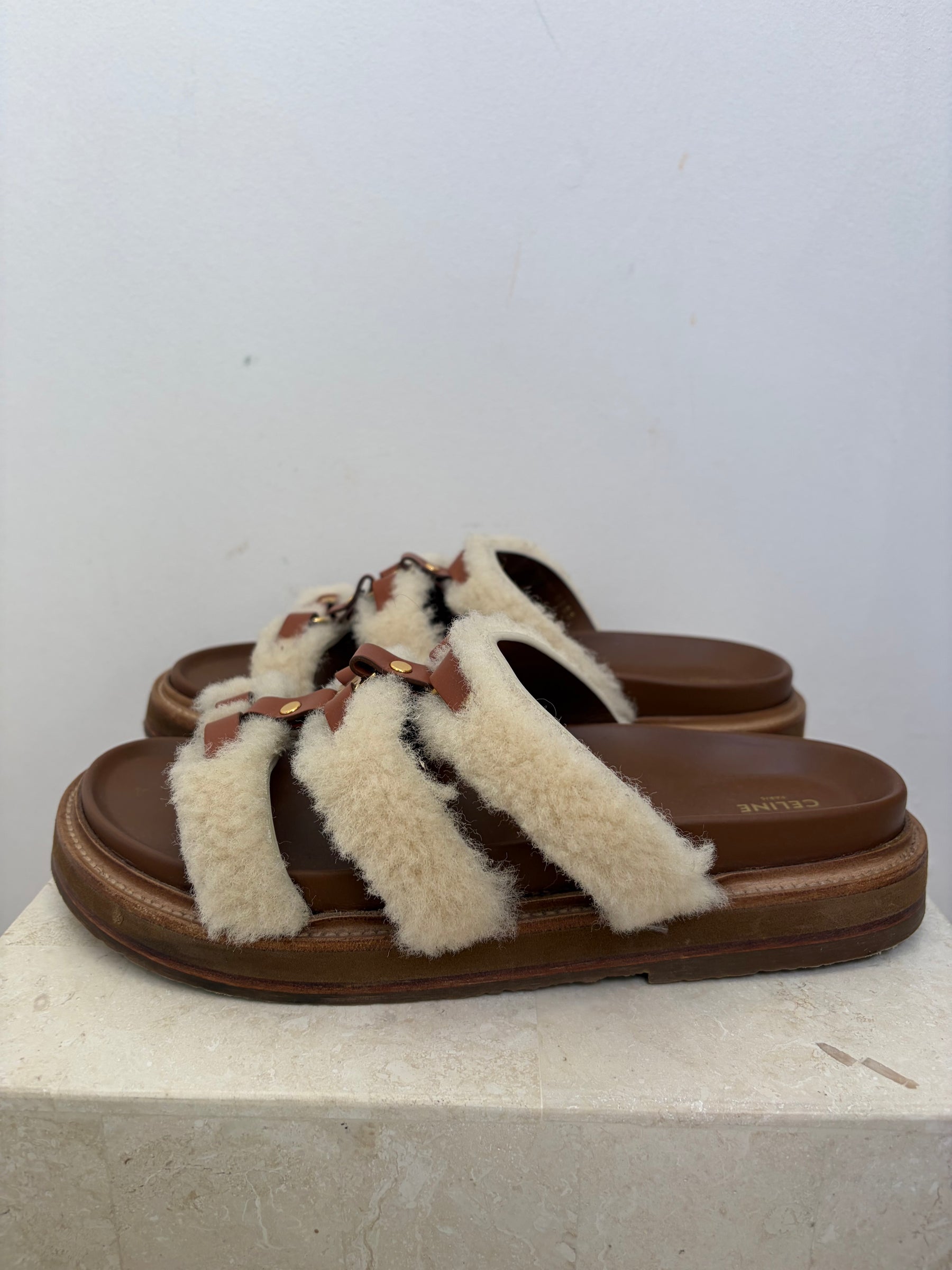 Celine Tan Leather and Cream Shearling Tippi Triomphe Slides, 40