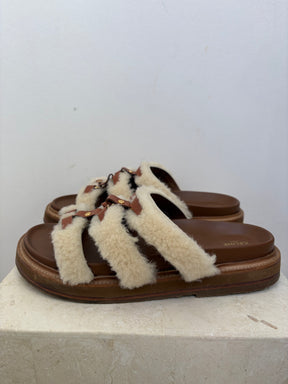 Celine Tan Leather and Cream Shearling Tippi Triomphe Slides, 40