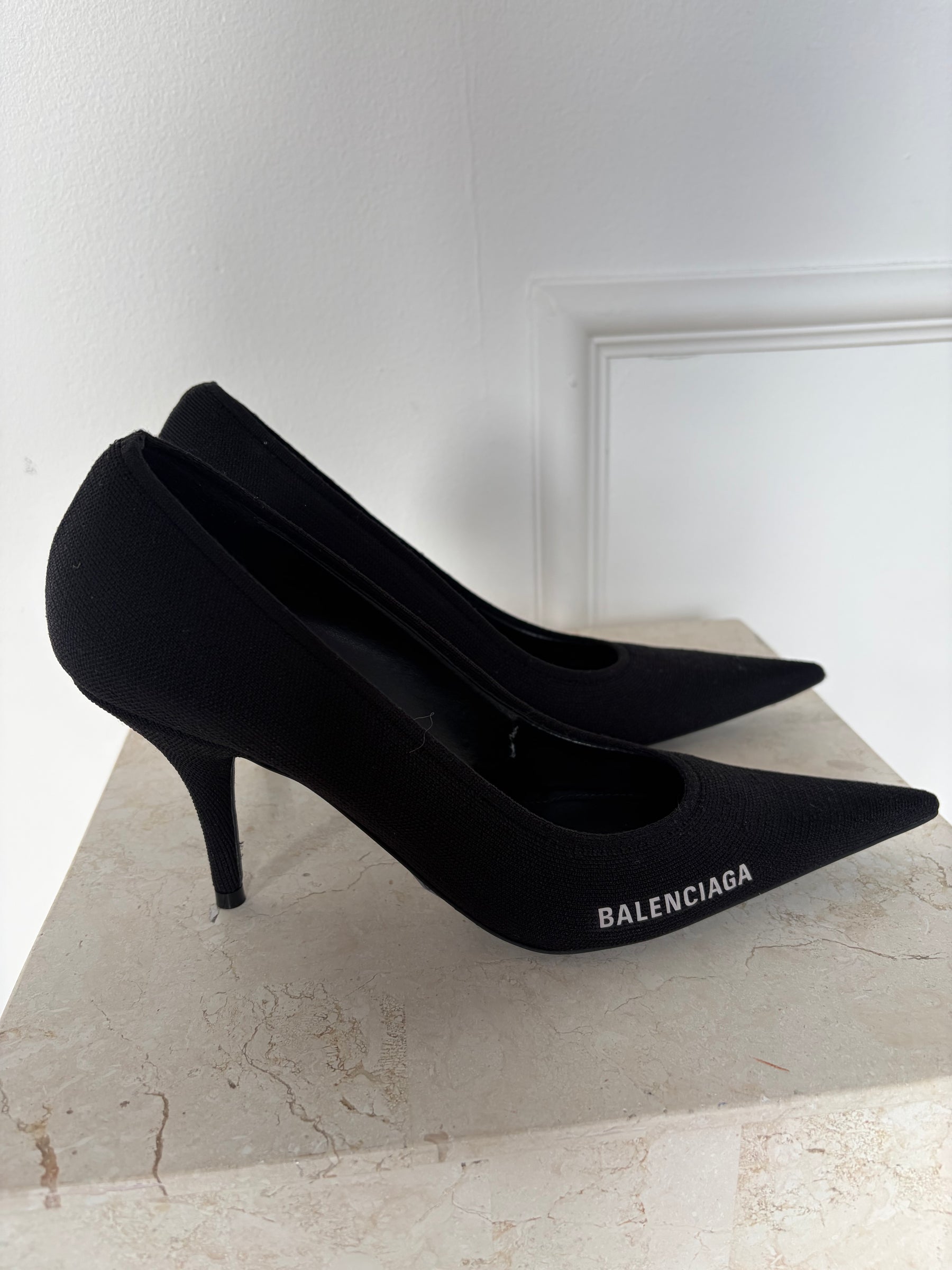 Balenciaga Black Fabric Logo Pointed Pump, 38