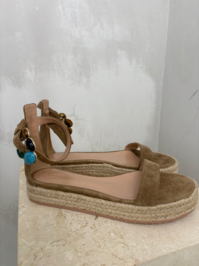 Gianvito Rossi Taupe Suede Espadrille Sandal with Gem Buckle, 38