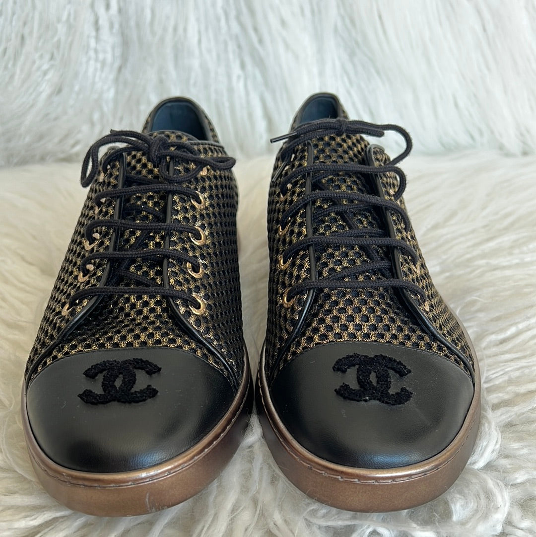 Chanel Black and Bronze Lace Up Shoes, 40.5