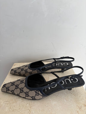 Gucci Canvas Logo Slingback Pumps Navy, 38