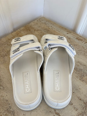 Chanel White Lambskin Leather Backless Dad Sandal, 40