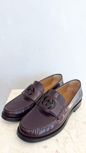 Gucci Cut Out GG Brown Leather Loafers, 5 UK