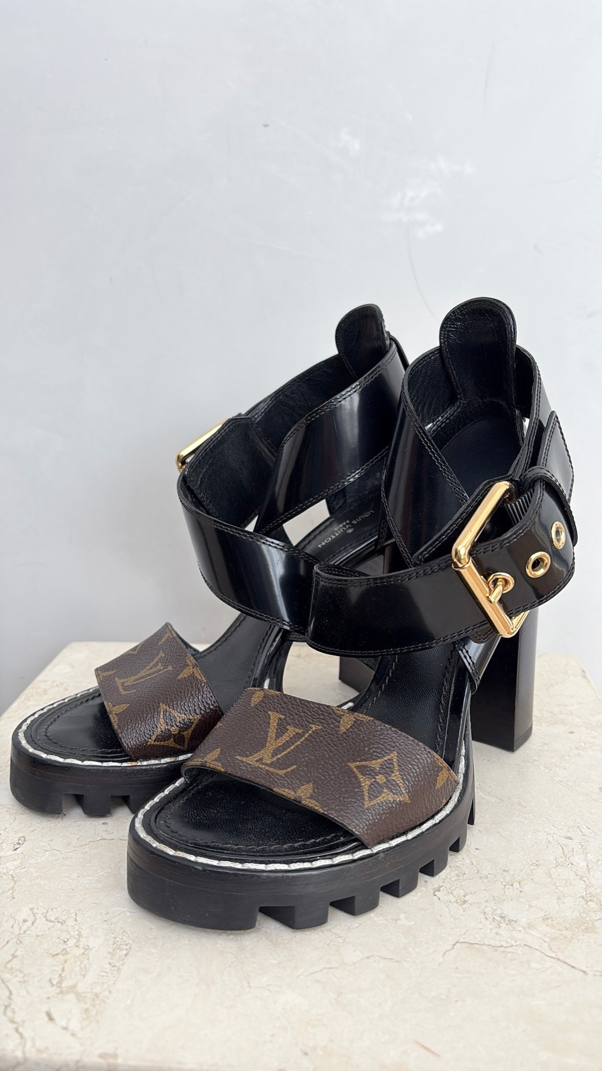 Louis Vuitton Black Leather and Canvas Monogram Chunky Strappy Heel, 36.5