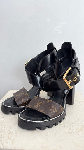 Louis Vuitton Black Leather and Canvas Monogram Chunky Strappy Heel, 36.5